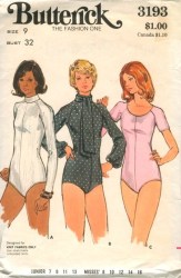 3193 BUTTERICK 1973 BACK ZIPPER KNIT SHORT - LONG SLEEVE BODYSUIT, SCARF PATTERN 7 31"B